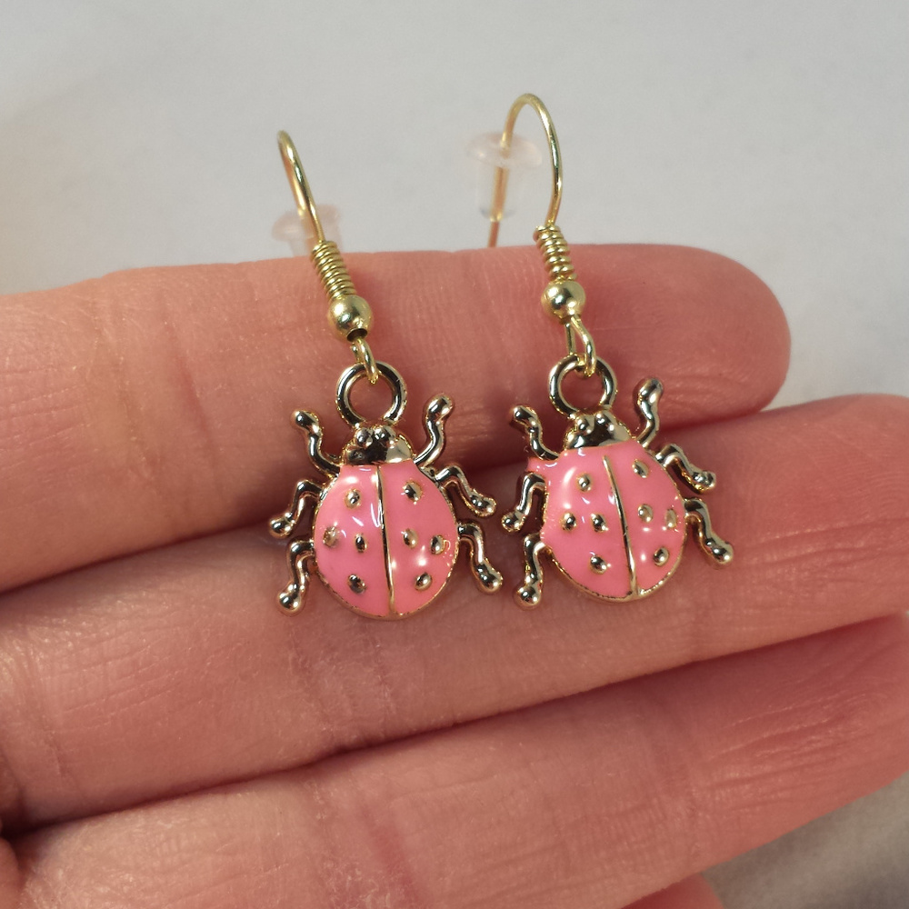 Gold Plated Pink Lady Bug Dangle Earrings Party Gift - Picture 2 of 4